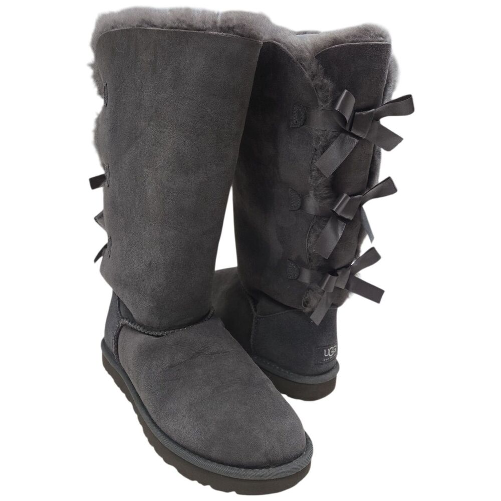 UGG Australia Bailey Bow Tall Boots Womens 9 Gray Suede Sheepskin Triple Bow